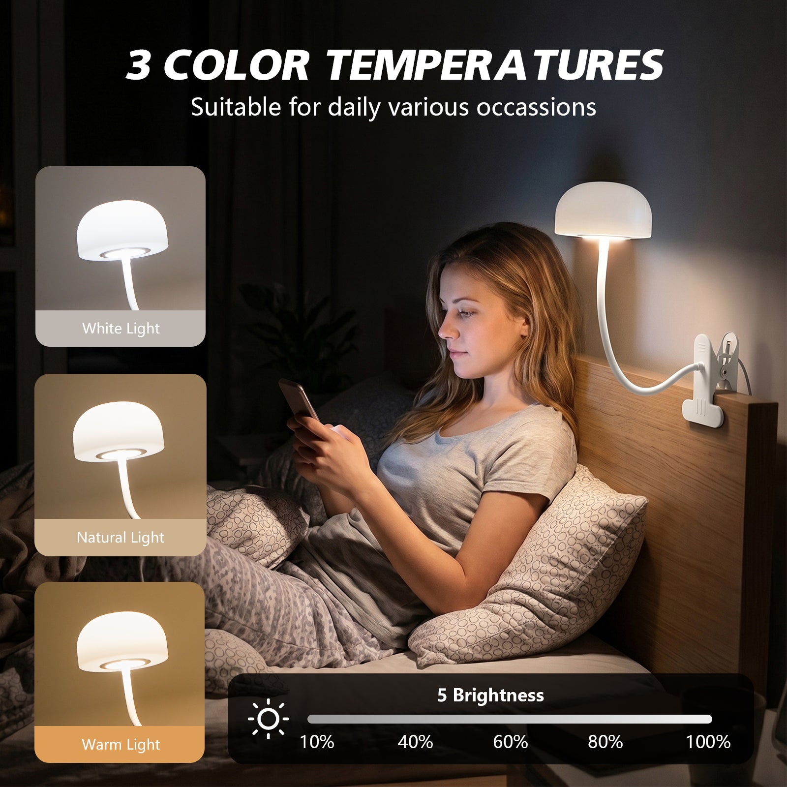 Mushroom Reading Light Clip On Lamp with 670nm Red Light Night Light Sleeping Aid for Students, USB Eye- Caring Bedside Lamp with Metal Clamp & Timer for School Dorn Bunk Bed Headboard, Dimmble