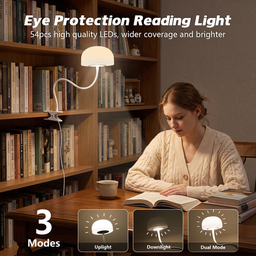 Mushroom Reading Light Clip On Lamp with 670nm Red Light Night Light Sleeping Aid for Students, USB Eye- Caring Bedside Lamp with Metal Clamp & Timer for School Dorn Bunk Bed Headboard, Dimmble