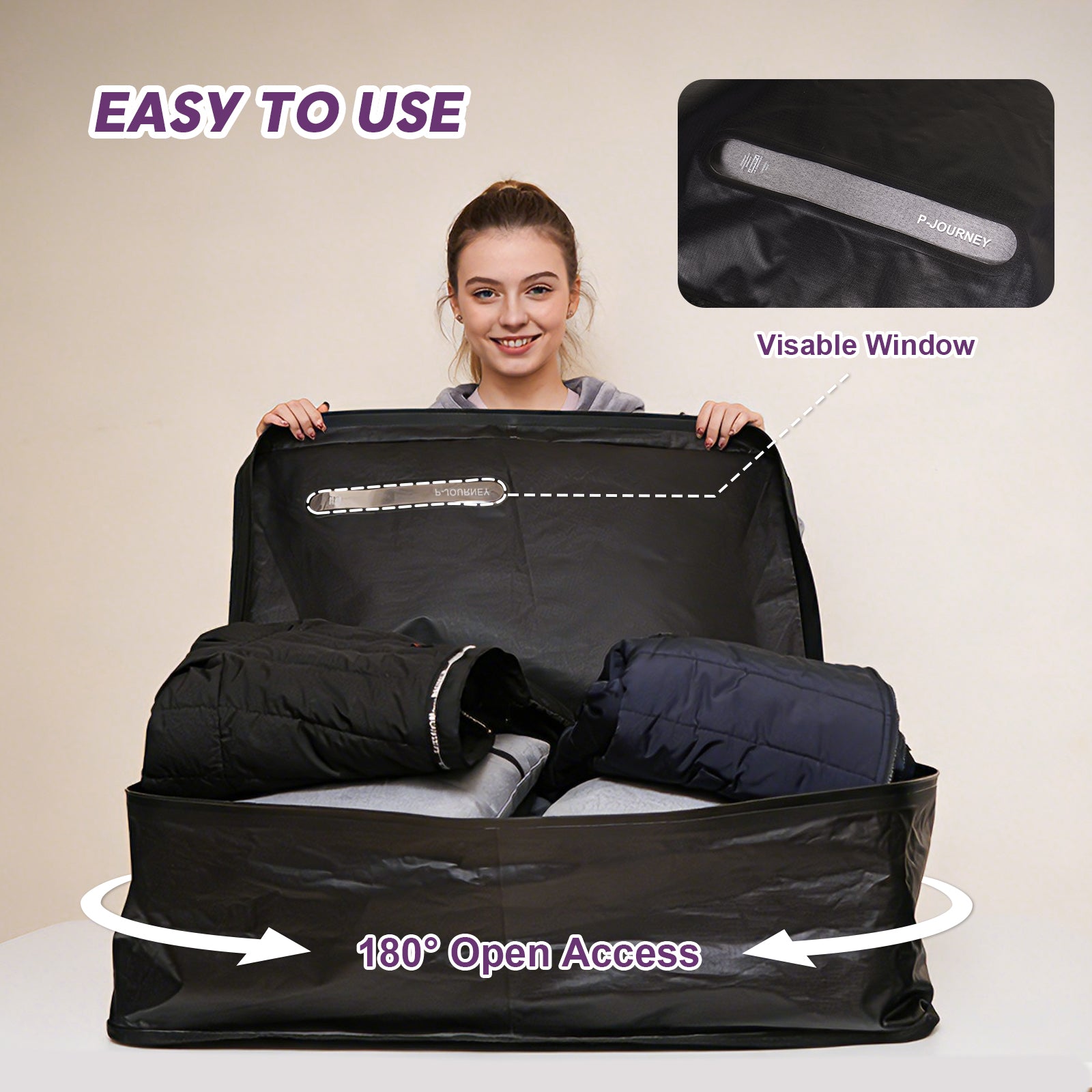 91L Large Vacuum Compression Bag for Bedding with IP68 Airtight Zipper, Heavy Duty & Soft Space Saver Vacuum Bags, 100% Waterproof Blanket Clothes Storage Bag, Reusable Vacuum Packing Cubes for Apartment Dorn Travel，Black