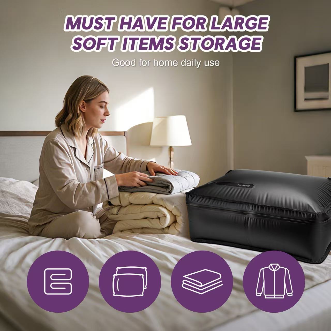 91L Large Vacuum Compression Bag for Bedding with IP68 Airtight Zipper, Heavy Duty & Soft Space Saver Vacuum Bags, 100% Waterproof Blanket Clothes Storage Bag, Reusable Vacuum Packing Cubes for Apartment Dorn Travel，Black